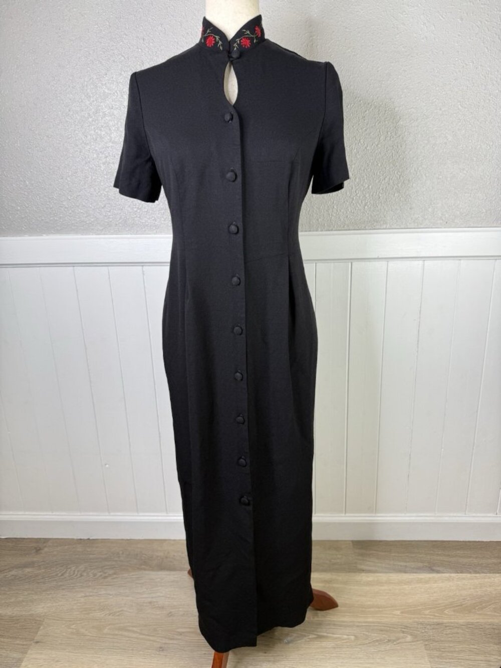 Vtg 90s Asian Inspired Dress Sz 10 Black Embroidered Asian Inspired Goth Grunge - Picture 3 of 16